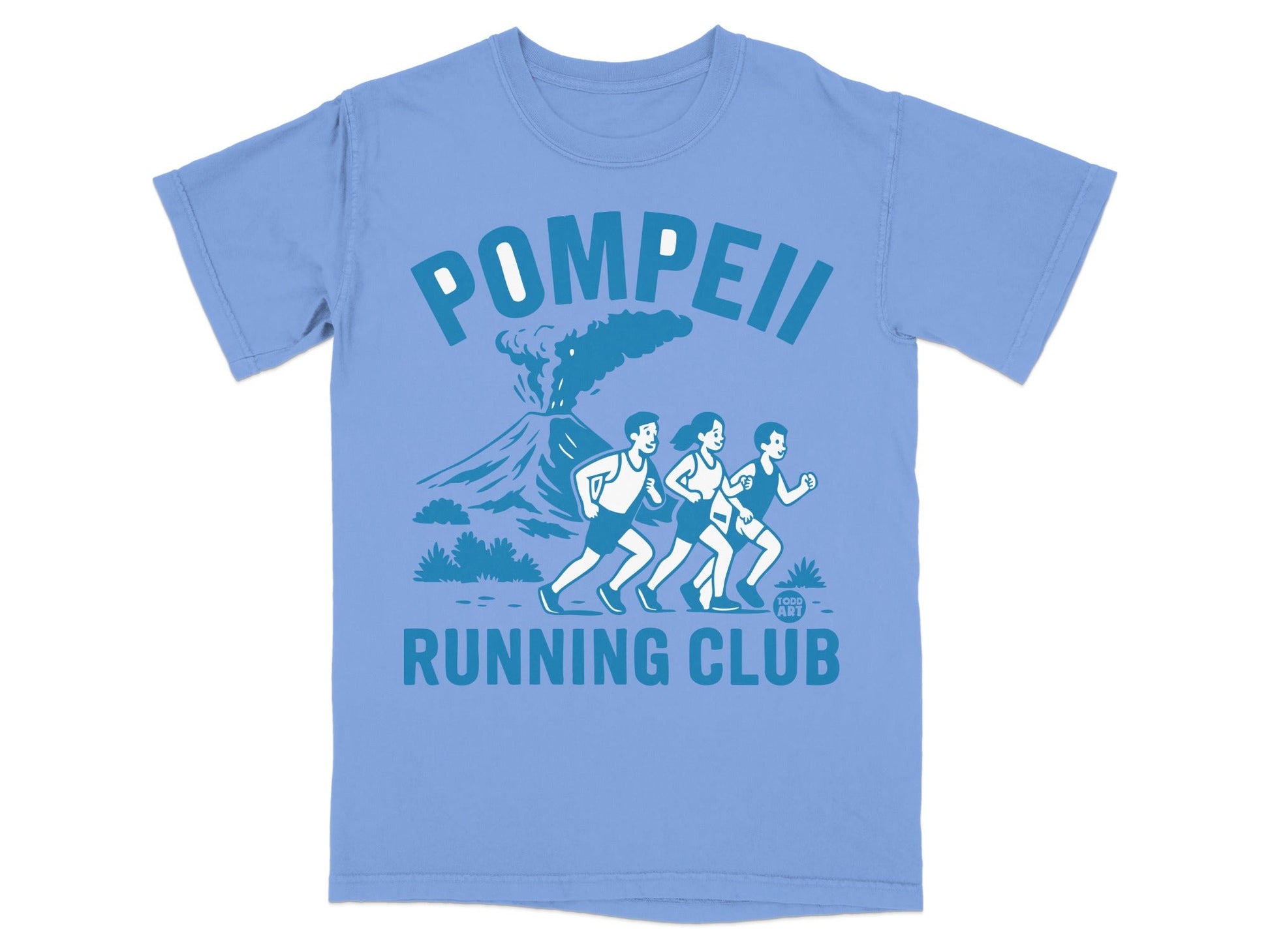 Pompeii Running Club t-shirt with volcano and runners graphic.