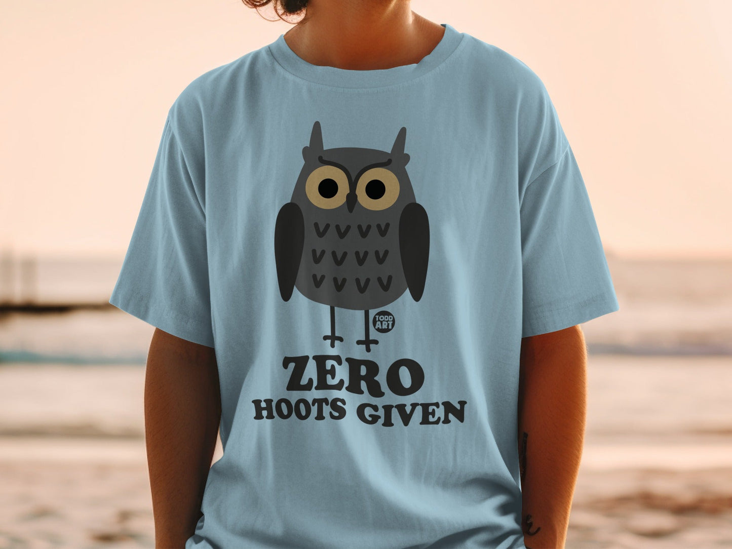 Light blue t-shirt with a cartoon owl and "ZERO HOOTS GIVEN" text.
