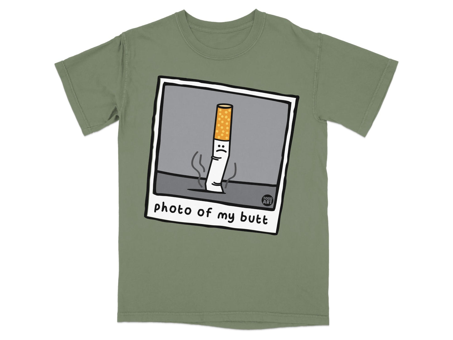 T-shirt graphic of a sad cigarette butt with "photo of my butt" text.