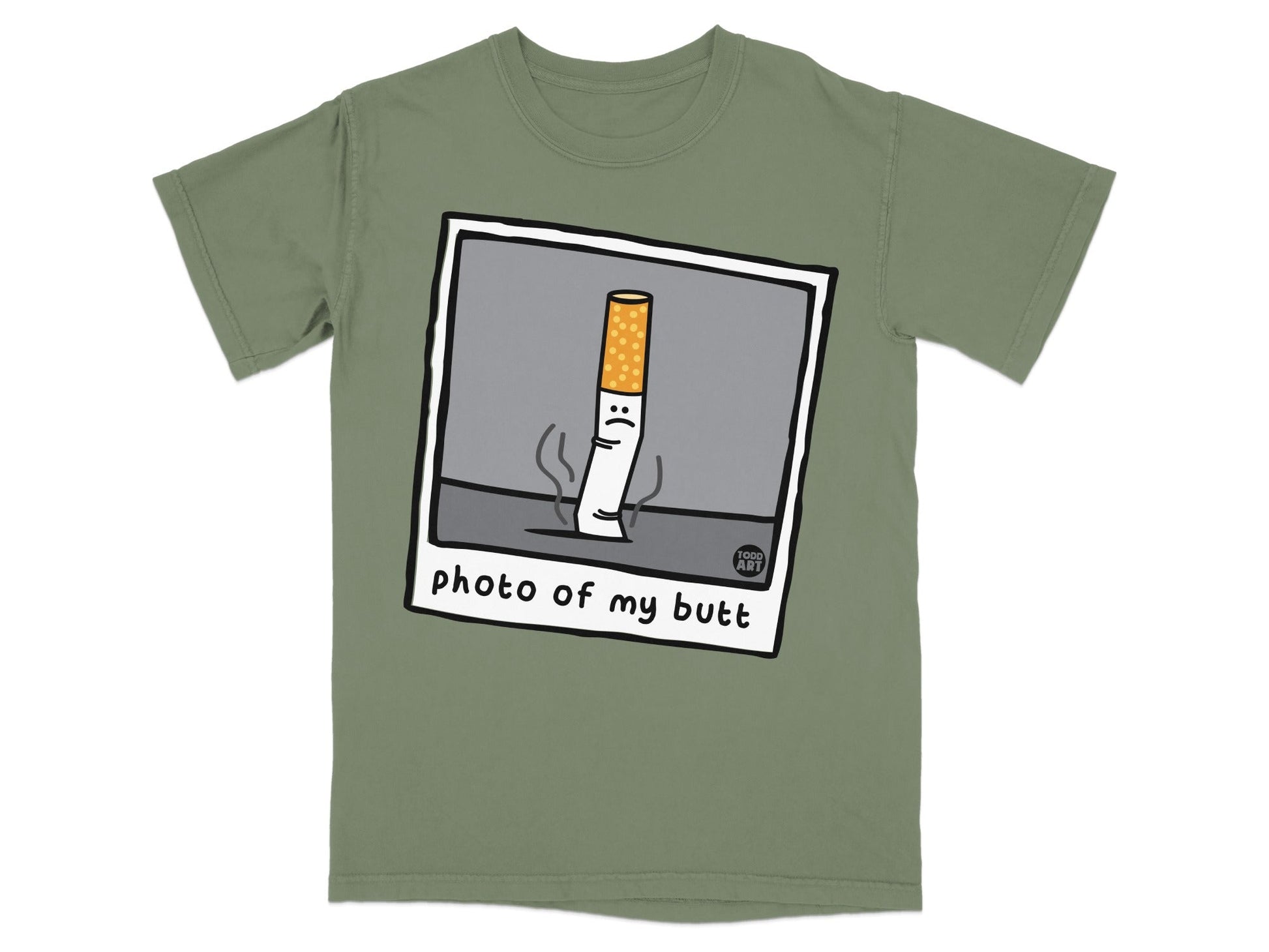 T-shirt graphic of a sad cigarette butt with "photo of my butt" text.