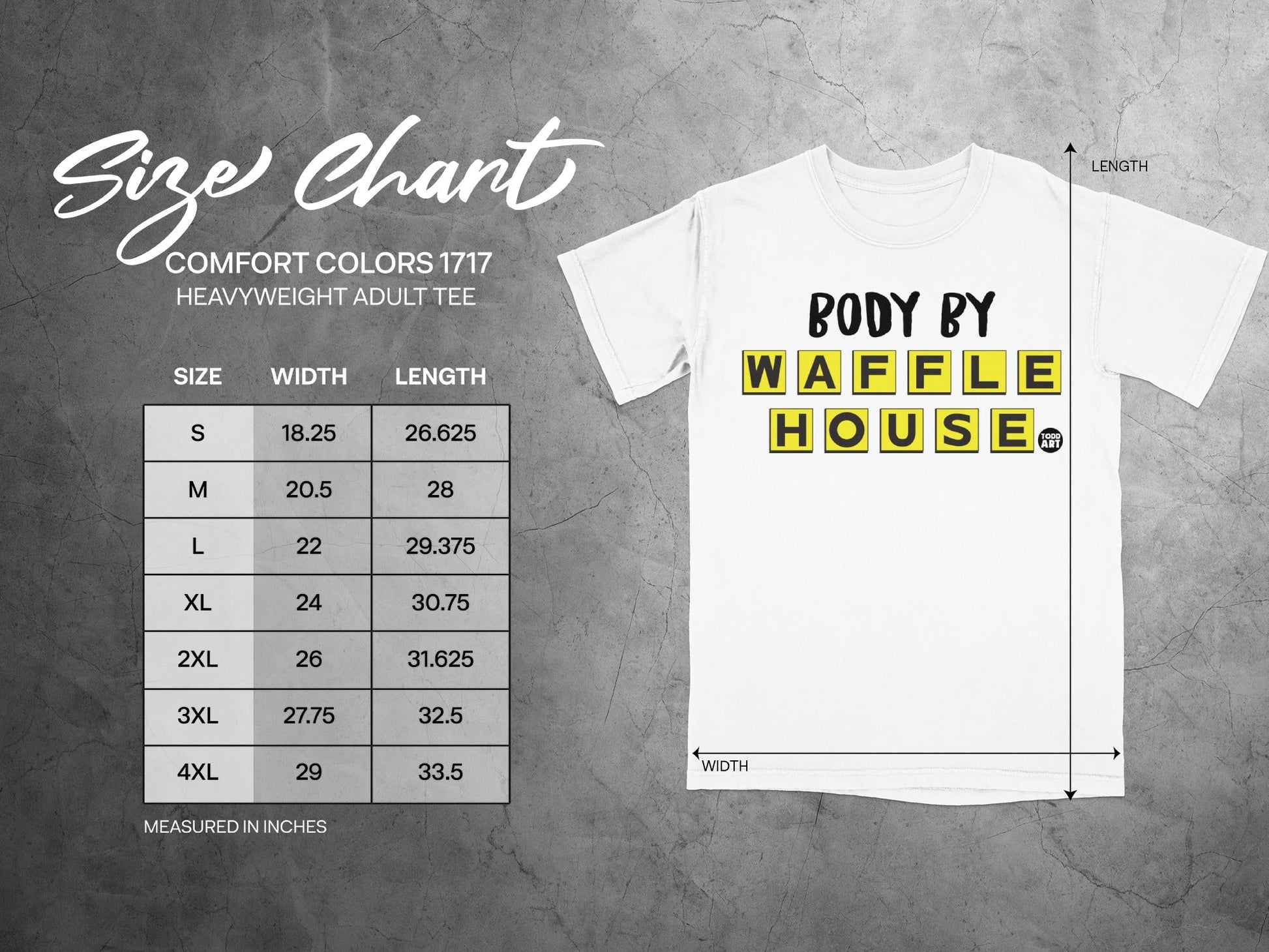 Waffle House "Body by Waffle House" t-shirt size chart with width and length.