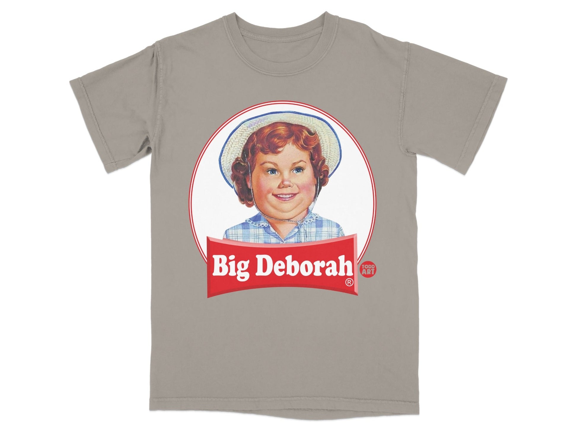 Grey t-shirt featuring a retro logo with a young girl and "Big Deborah" text.