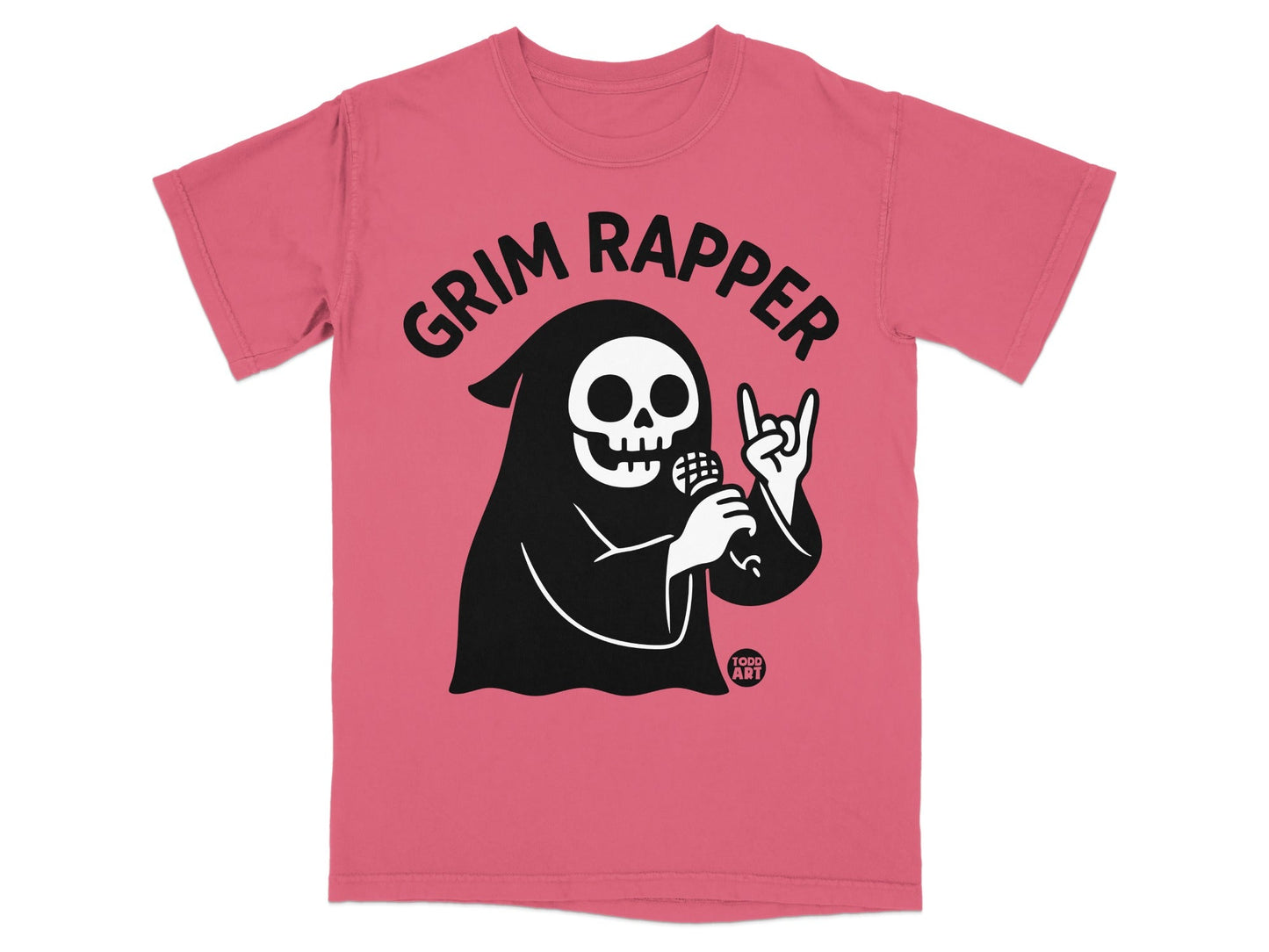 Grim Reaper character wearing a black robe holding a microphone and wearing a skull mask.