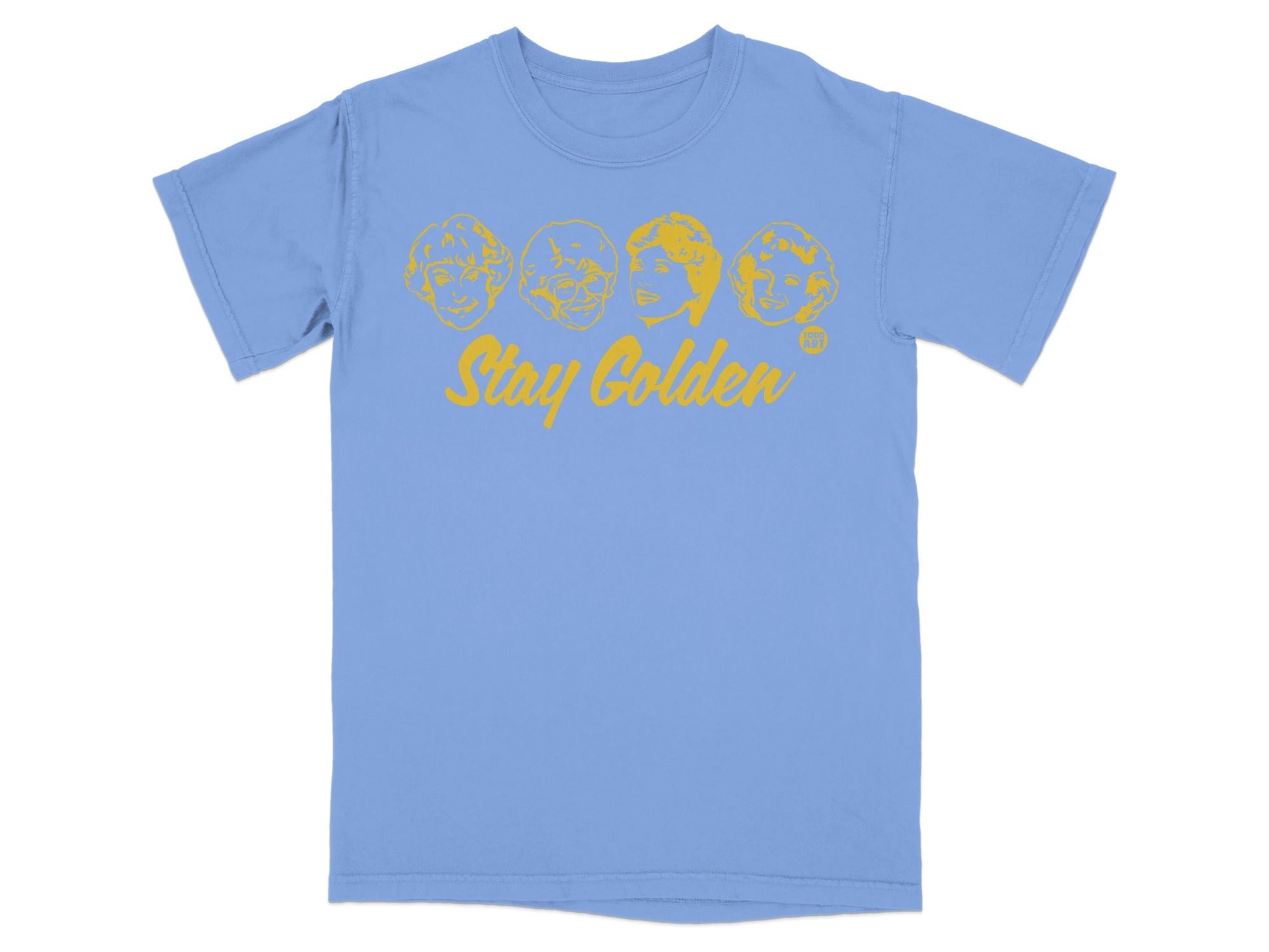 Blue t-shirt with yellow cartoon portraits and "Stay Golden" text.