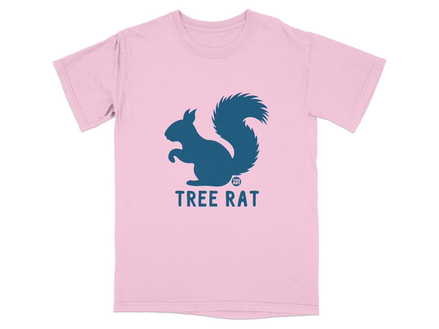 Pink t-shirt with blue squirrel logo and "TREE RAT" text.