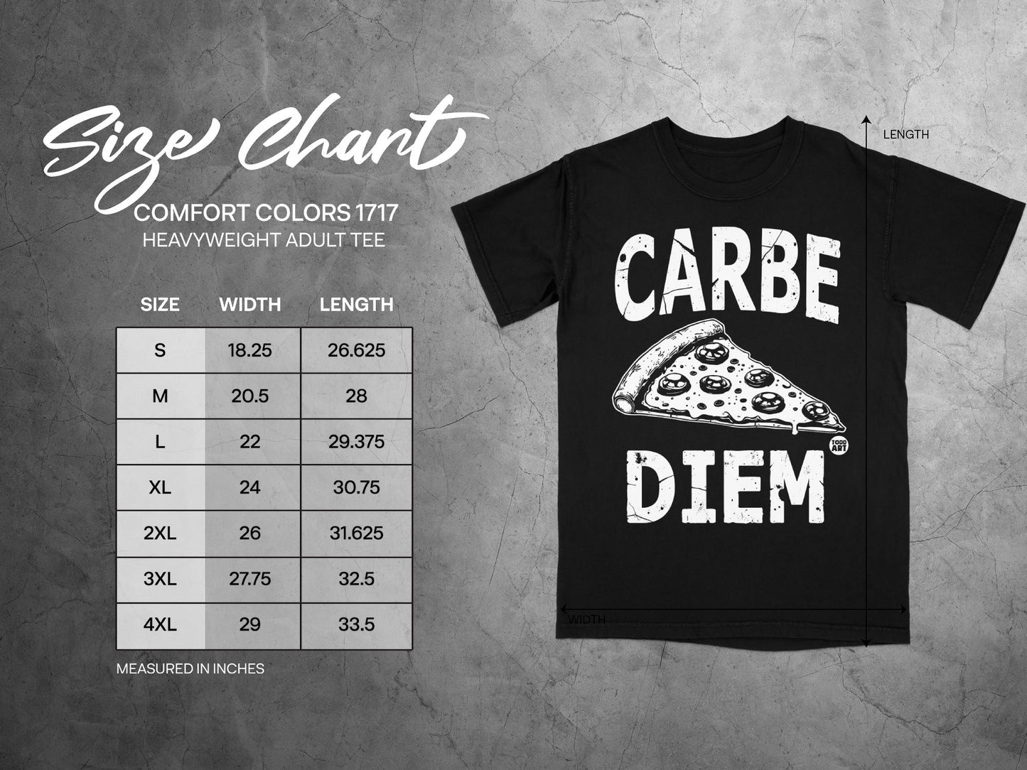 Comfort Colors 1717 heavyweight adult tee size chart with dimensions in inches.