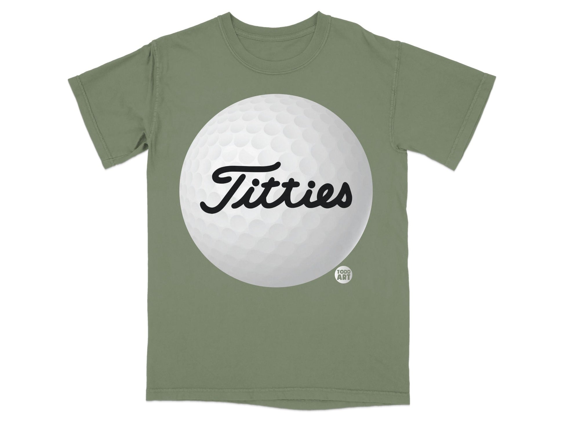T-shirt with a large golf ball graphic and "Titties" text.