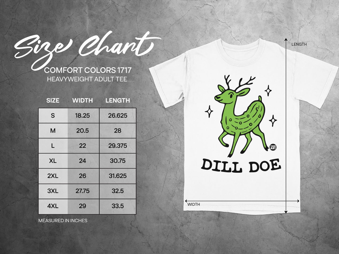 Comfort Colors 1717 size chart with dill doe graphic.