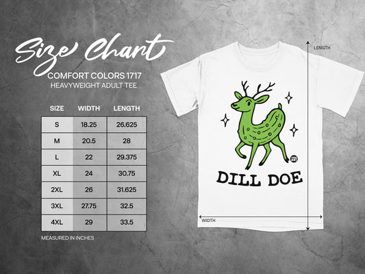 Comfort Colors 1717 size chart with dill doe graphic.
