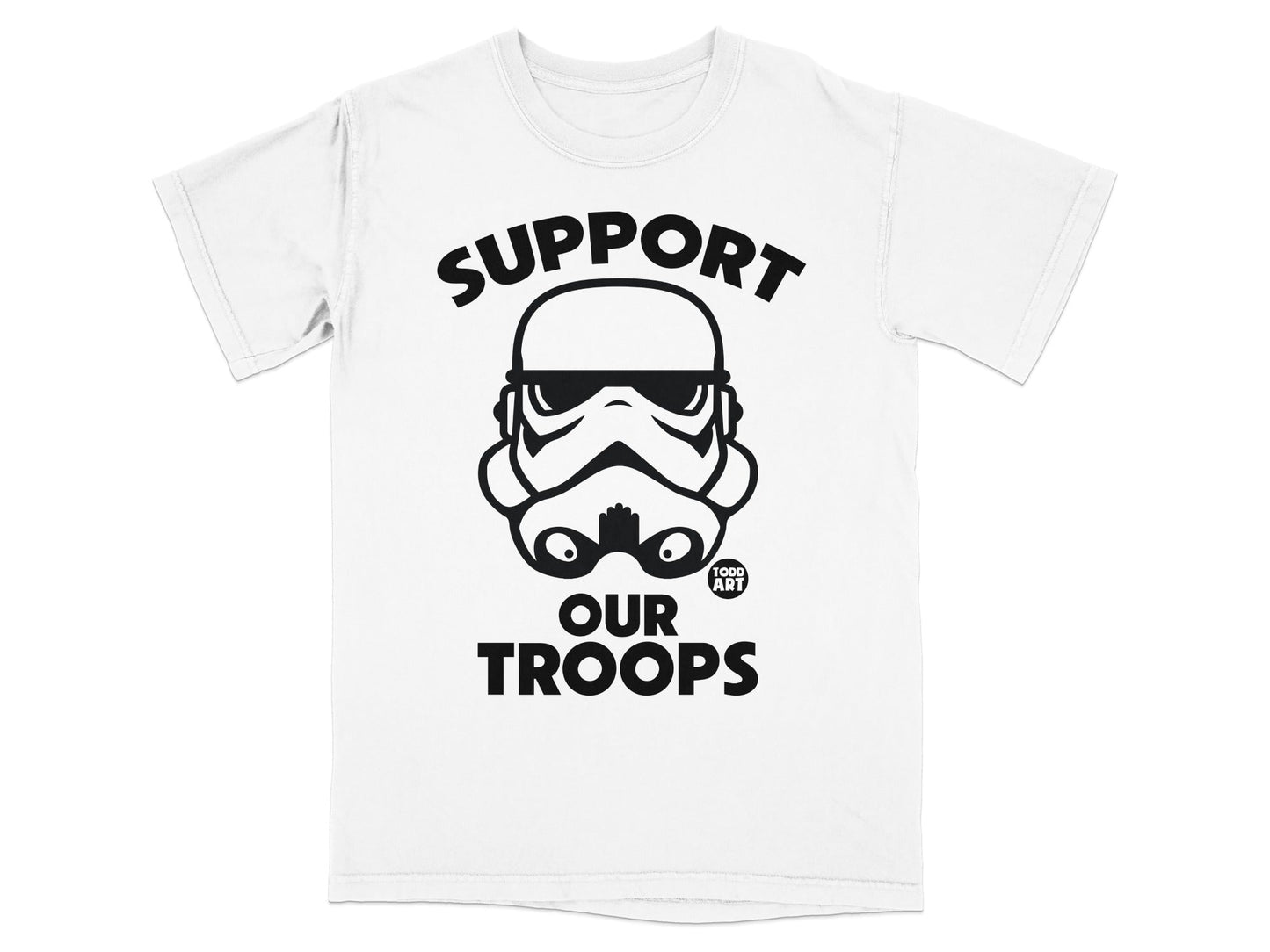 White t-shirt with Stormtrooper helmet and "Support Our Troops" text.