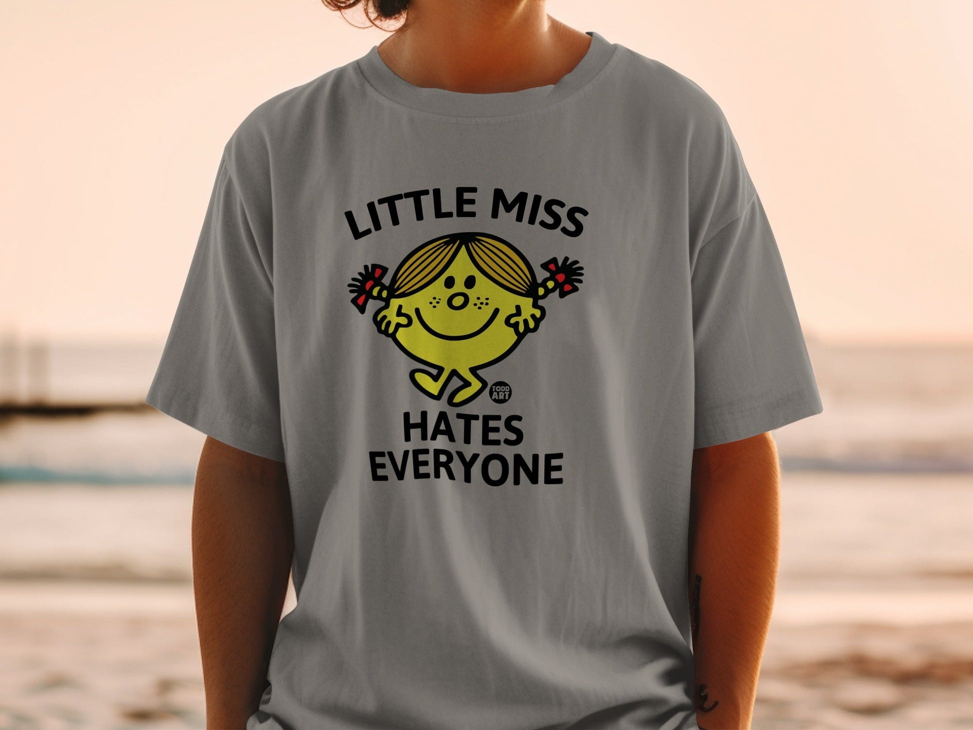 Gray t-shirt with "Little Miss Hates Everyone" text and cartoon character.