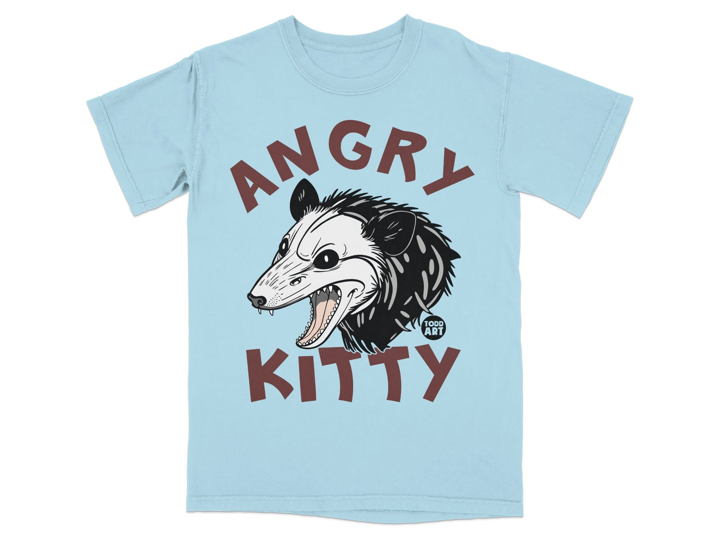 Light blue t-shirt with a cartoon possum and "Angry Kitty" text.