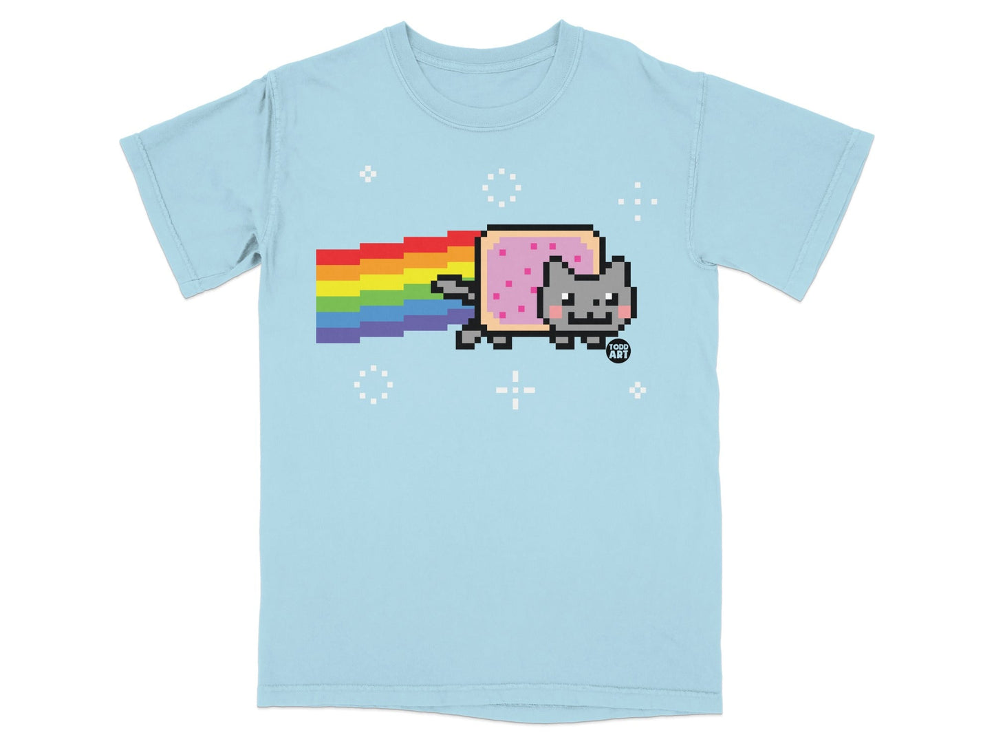 Light blue t-shirt with a pixelated Nyan Cat rainbow trail.