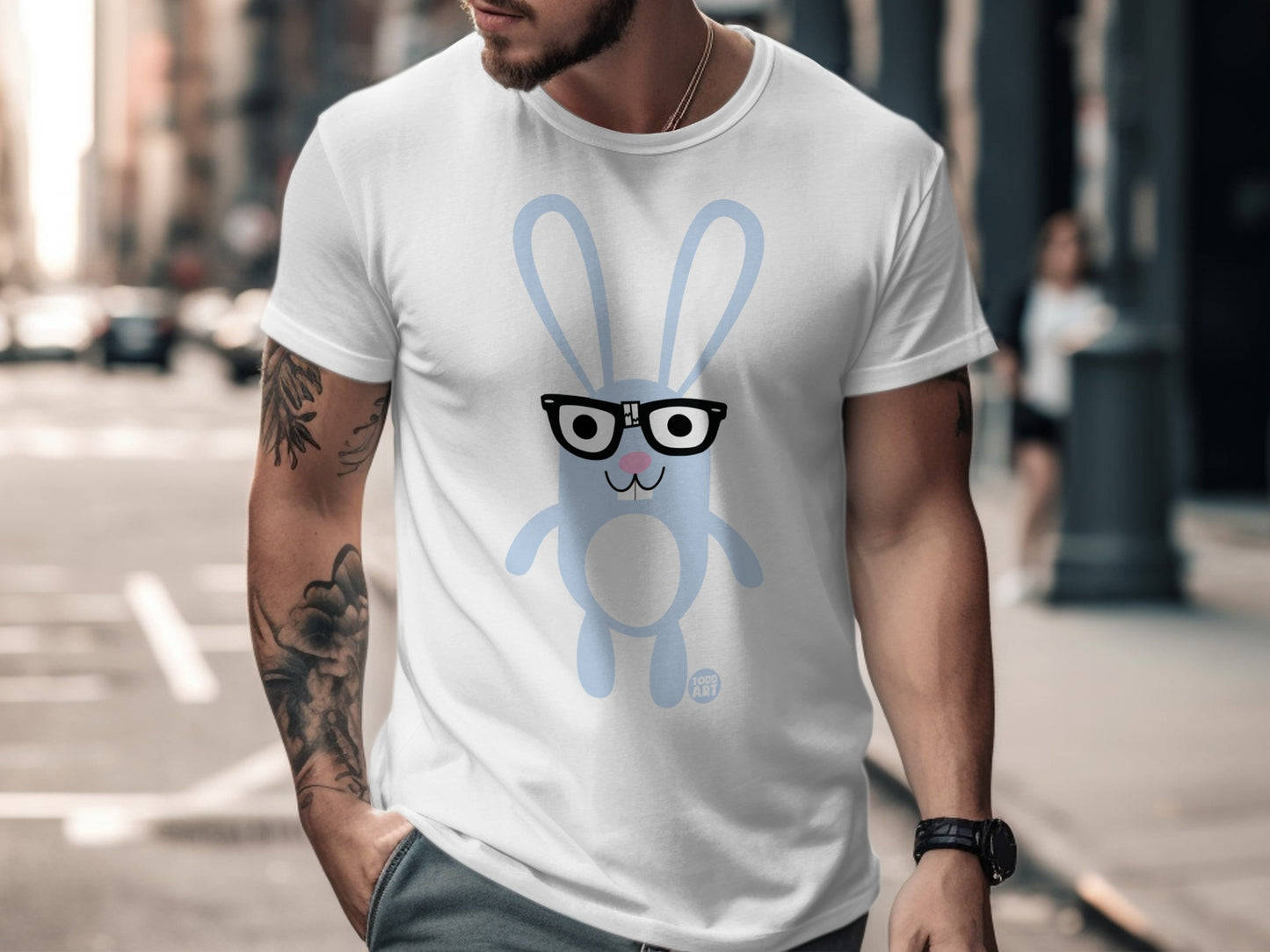 Cool Blue Bunny with Glasses Printed T-shirt