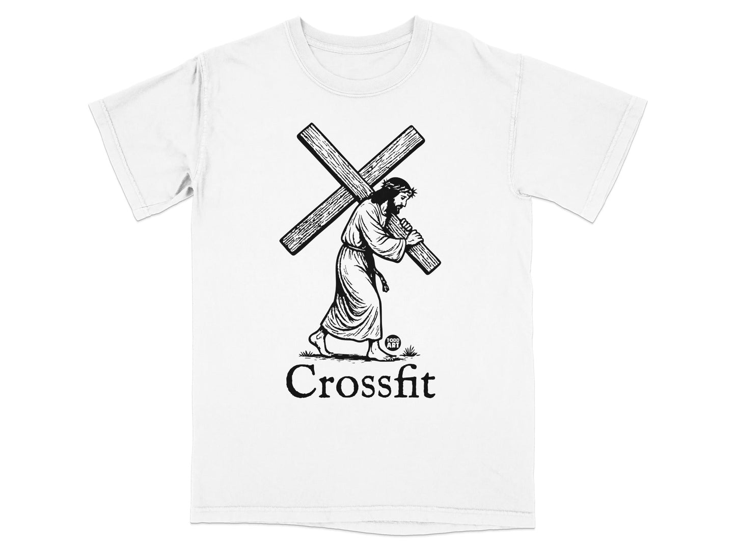 Jesus carrying the cross, with "Crossfit" text below.