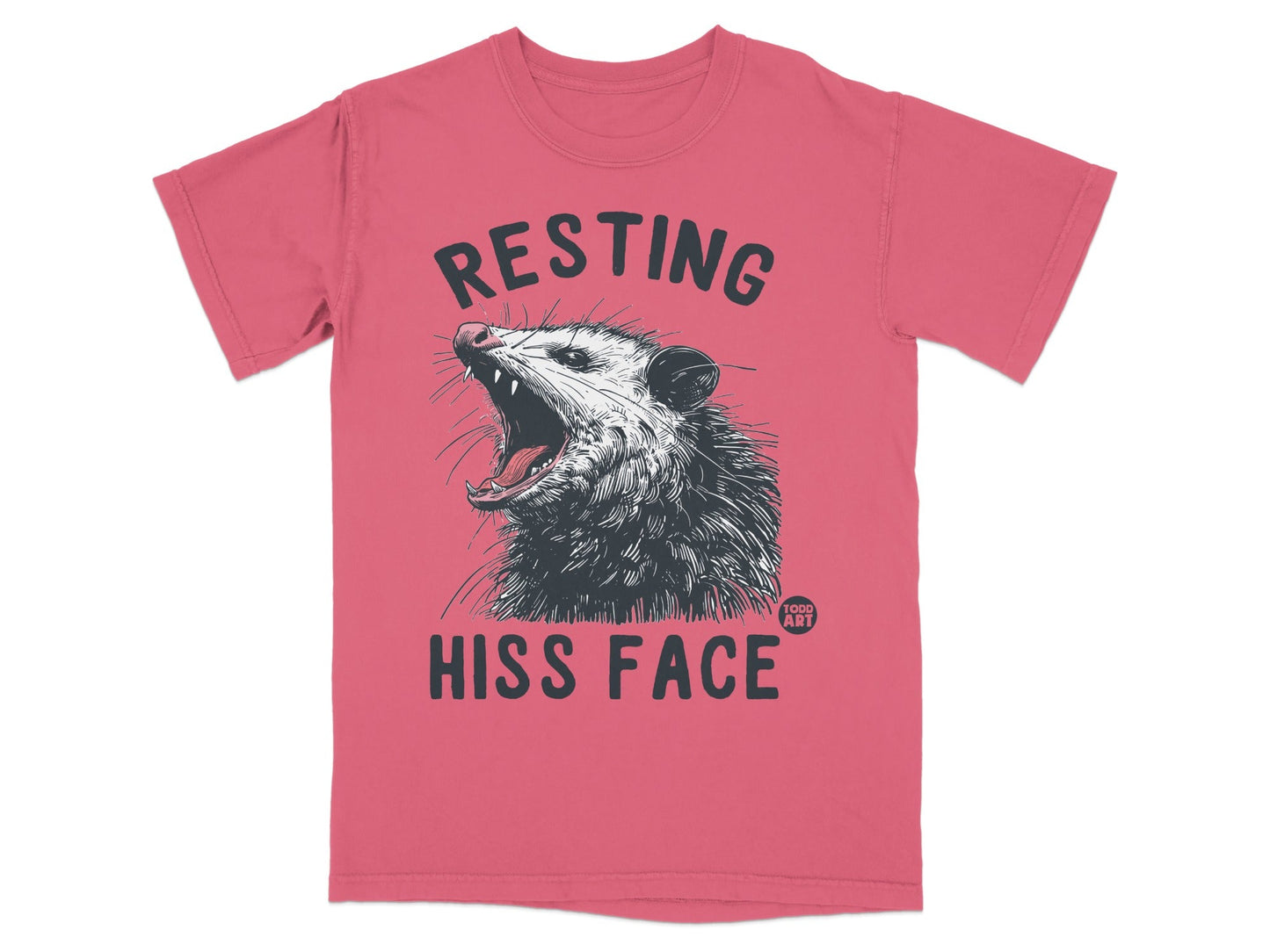 T-shirt with a possum yawning with "RESTING HISS FACE" text.