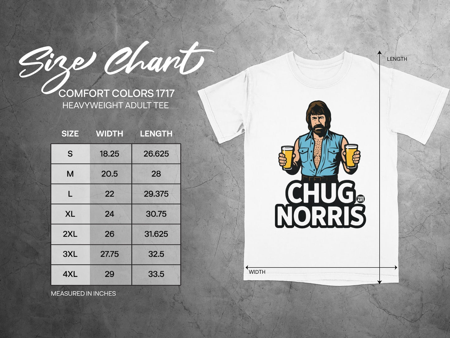 Size chart for a Chuck Norris t-shirt with width and length measurements.