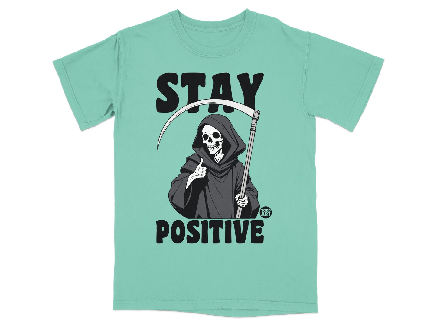 Grim Reaper giving a thumbs up, wearing a hoodie, with text "STAY POSITIVE".