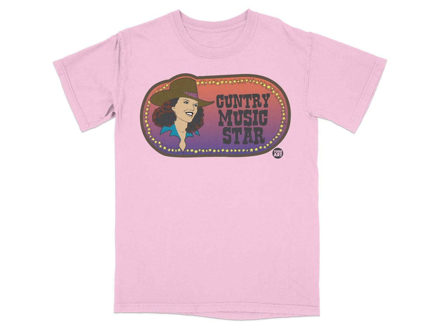 Pink t-shirt with "GENTRY MUSIC STAR" text and a woman in a cowboy hat.