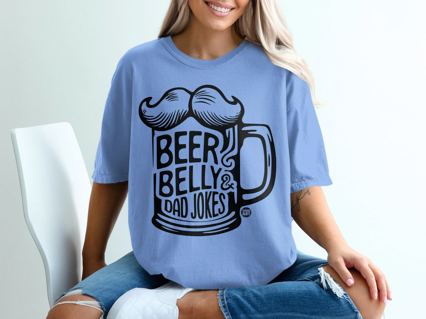 Blue t-shirt with "Beer Belly & Dad Jokes" text and a mustache graphic.