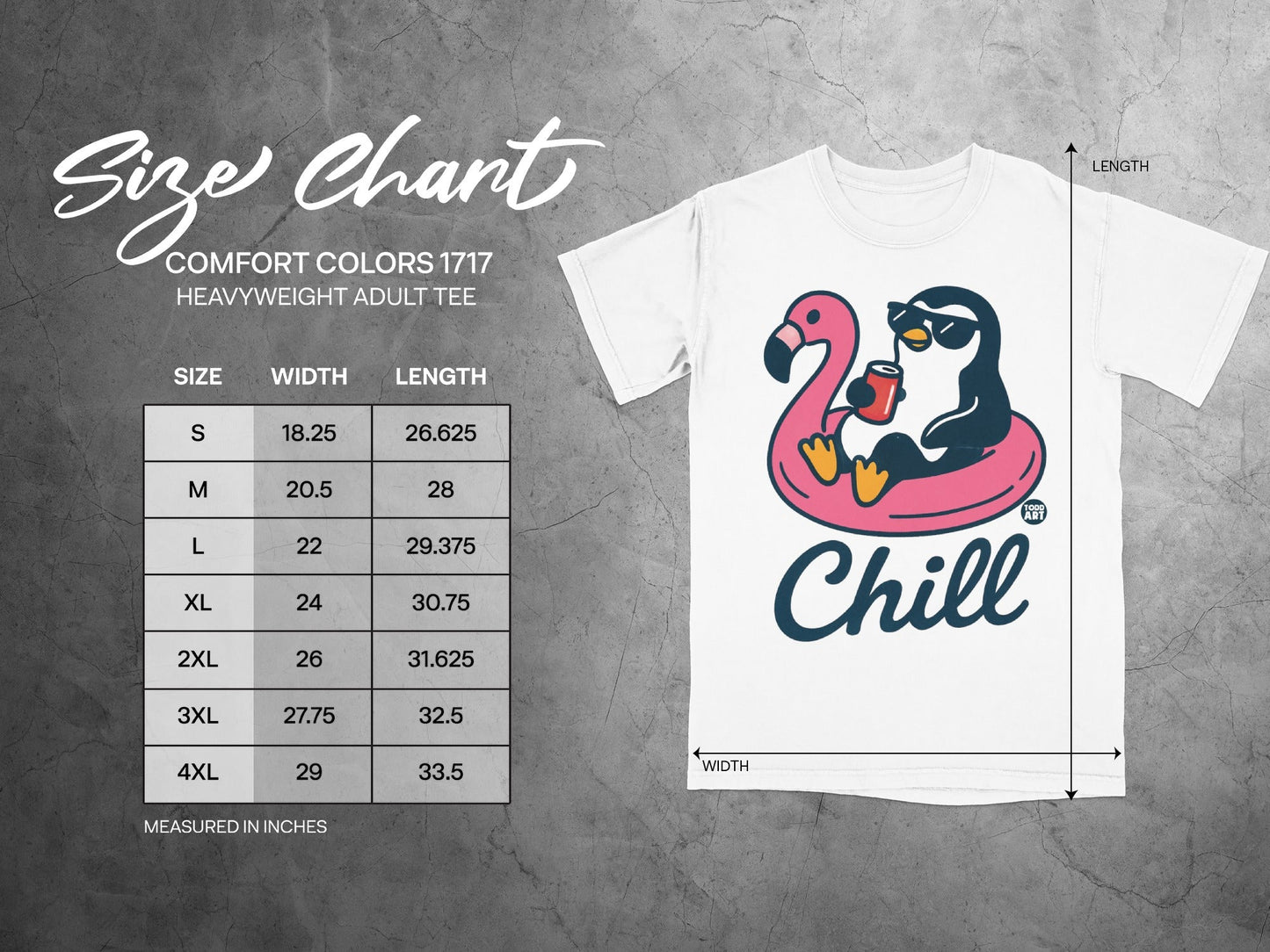 Size chart for Comfort Colors 1717 heavyweight adult tee with penguin graphic.