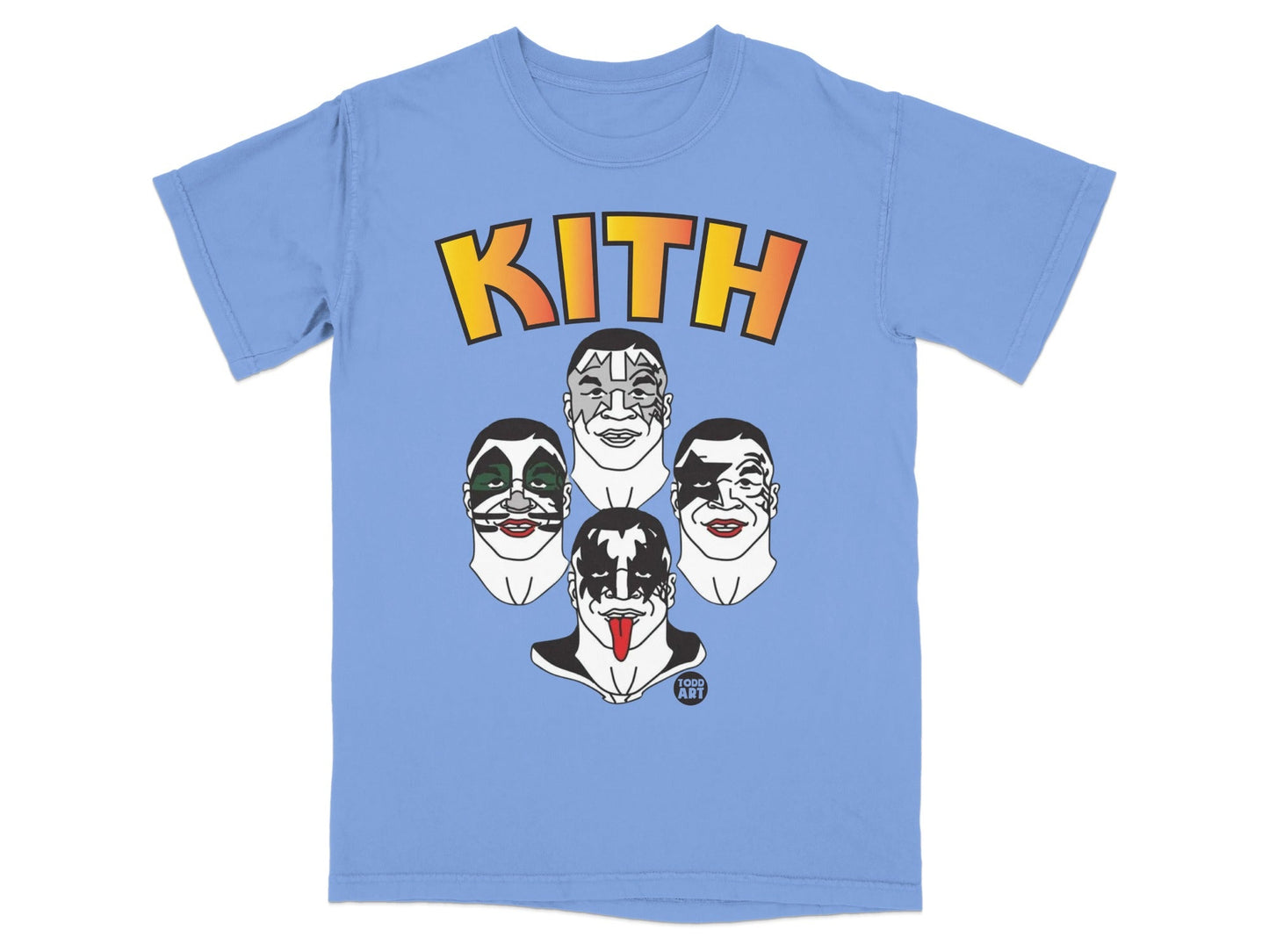 Kith logo above four Kiss band members' faces in cartoon style.