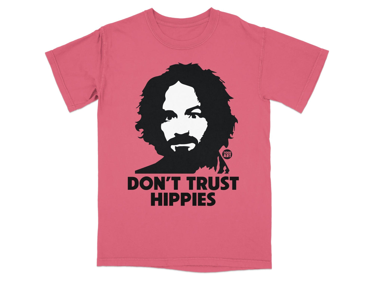 Coral t-shirt with "DON'T TRUST HIPPIES" and a silhouetted man's face.