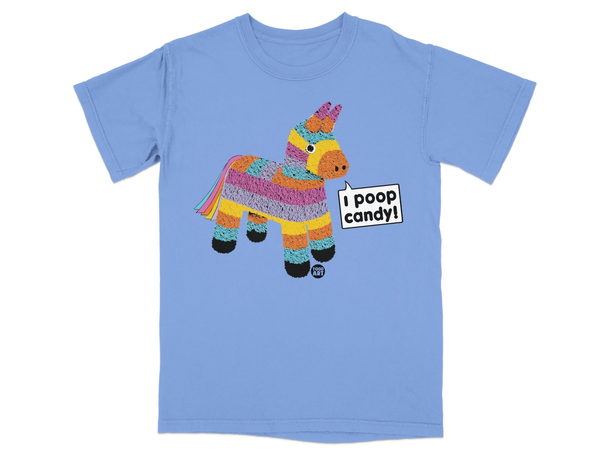Blue t-shirt with a colorful pi√±ata unicorn graphic that says "I poop candy!".