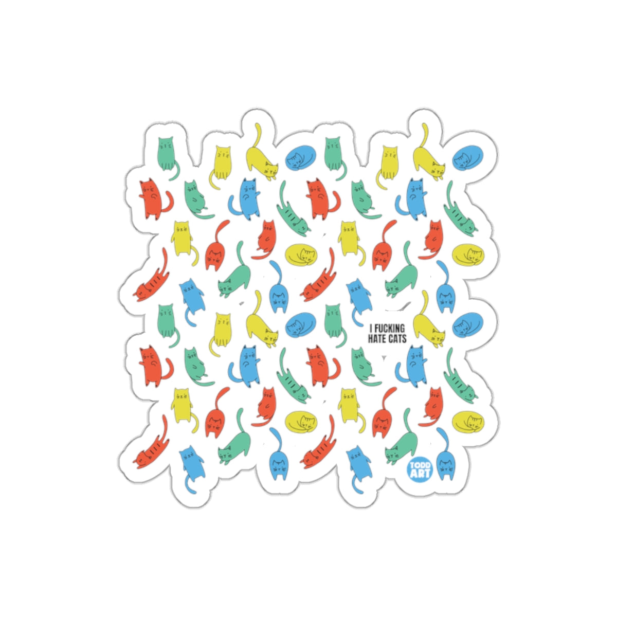 Colorful Cat Pattern with Bold Text Sticker Design