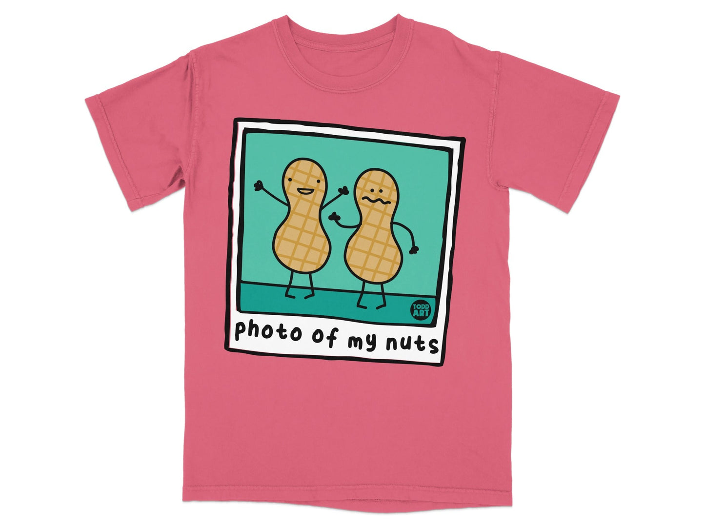 Pink t-shirt with two cartoon peanuts in a polaroid frame that says "photo of my nuts".
