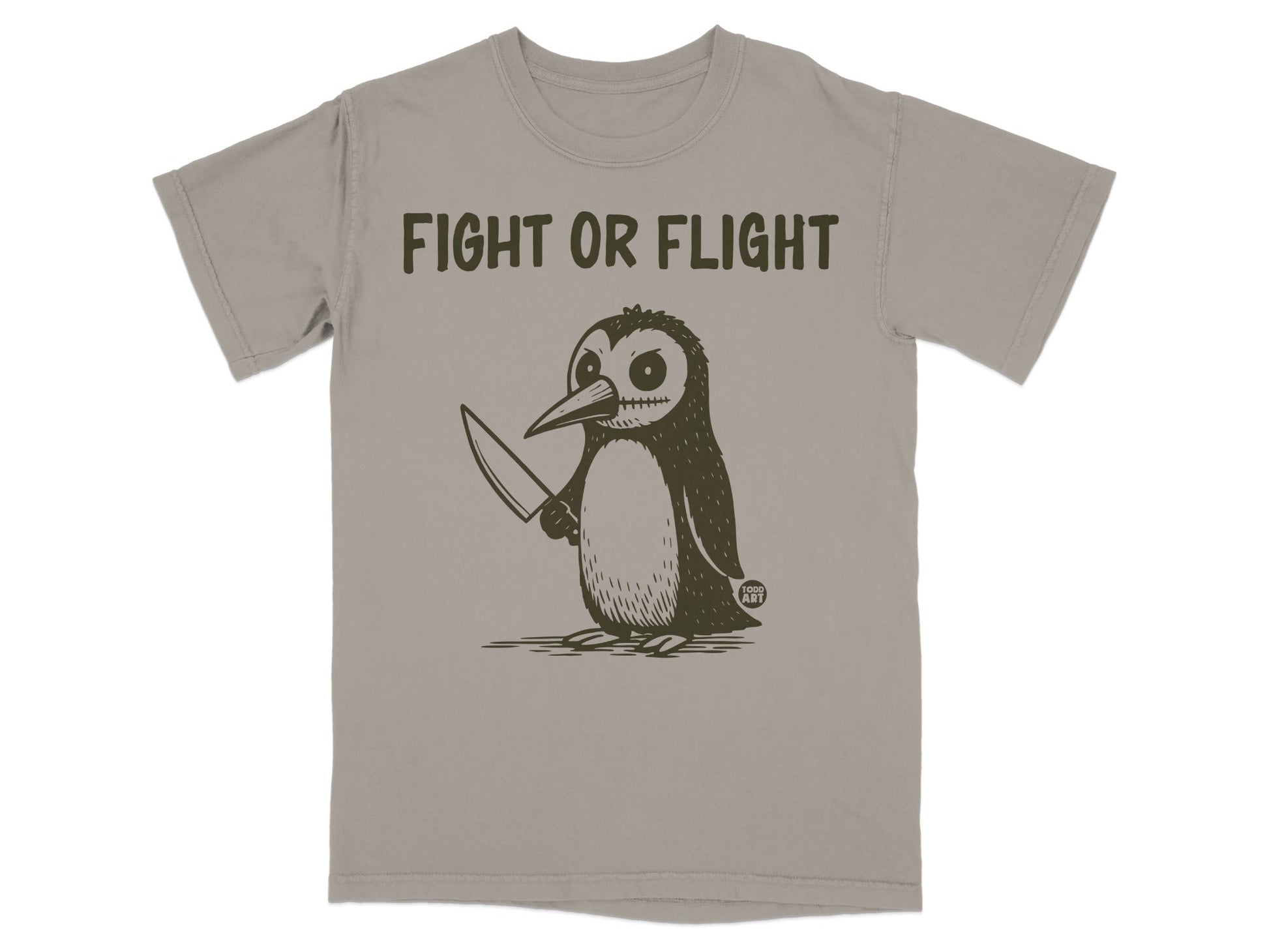 Penguin with knife on grey t-shirt, text "FIGHT OR FLIGHT".