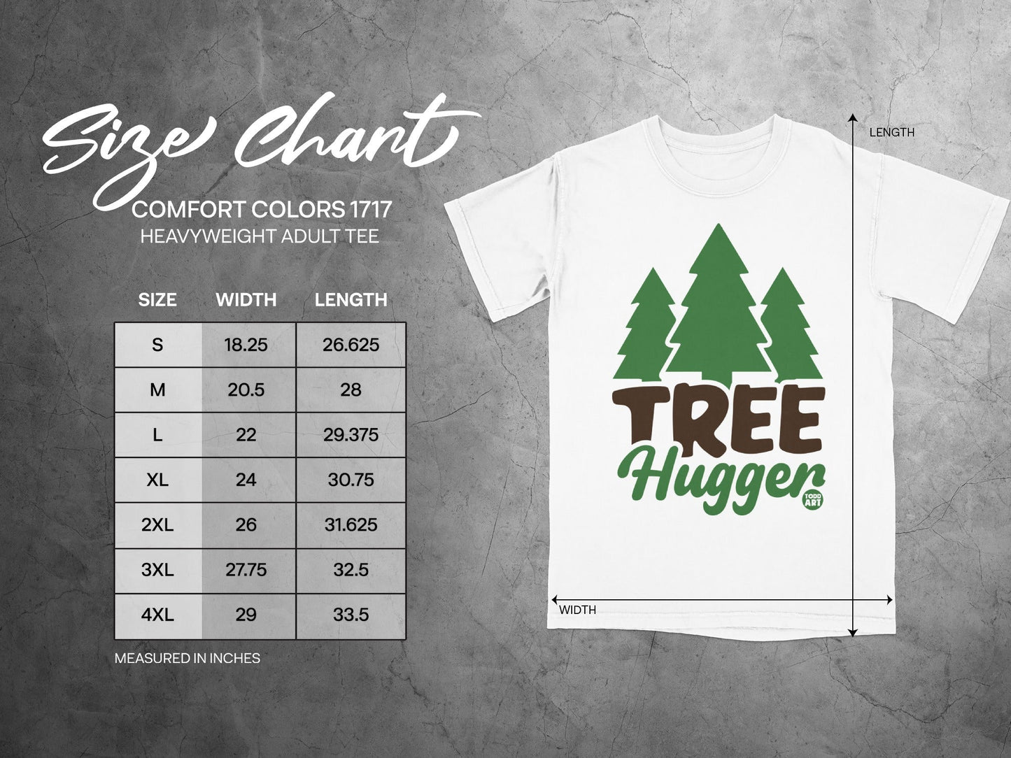 Size chart for a Comfort Colors 1717 heavyweight adult tee.