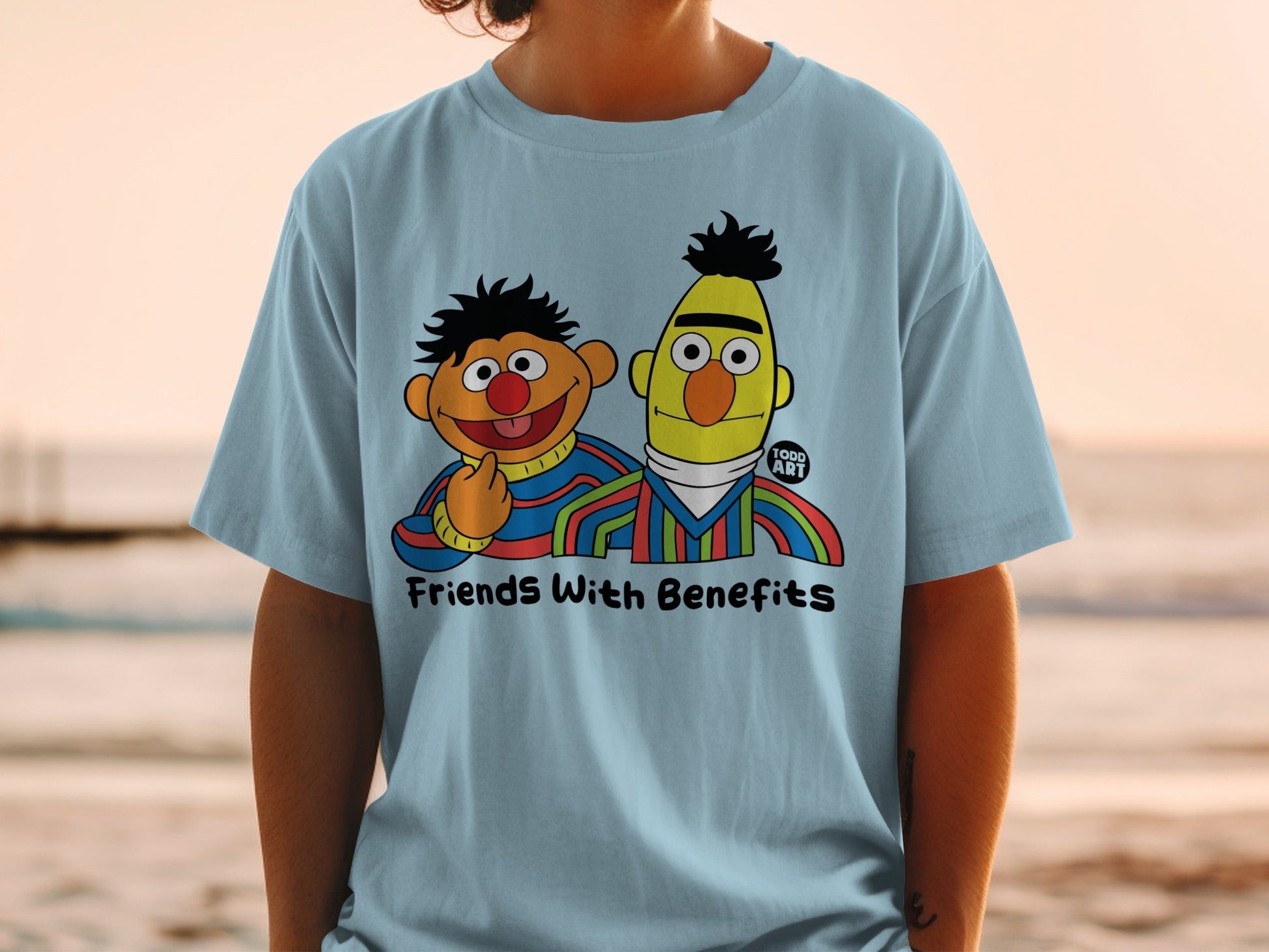 Light blue t-shirt with cartoon characters Bert and Ernie and "Friends With Benefits" text.
