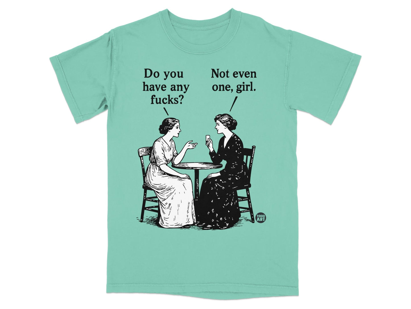 T-shirt with black and white illustration of two women talking at a table.