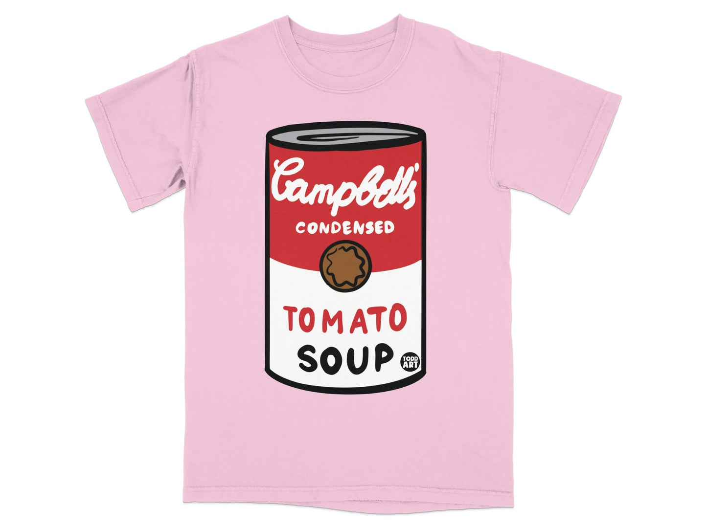 Pink t-shirt with Andy Warhol's Campbell's Tomato Soup can art.