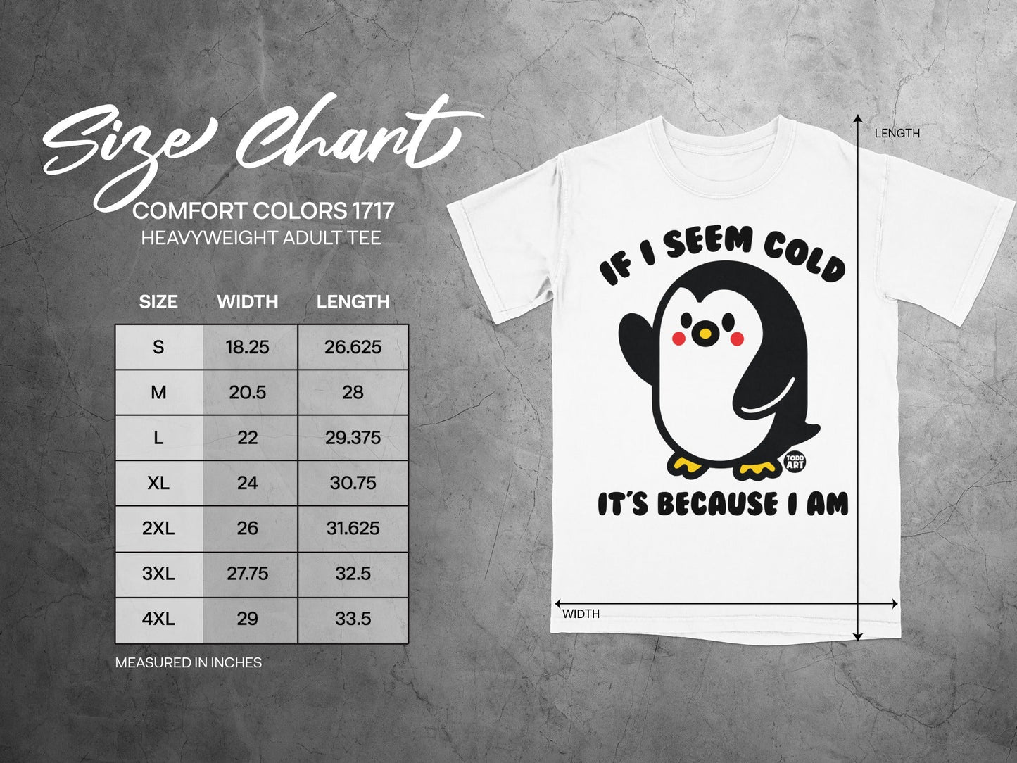 Size chart for Comfort Colors 1717 heavyweight adult tee with penguin graphic.