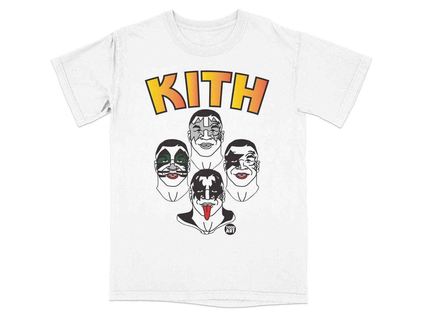 Kith logo above four KISS band members' faces drawn in a cartoon style.
