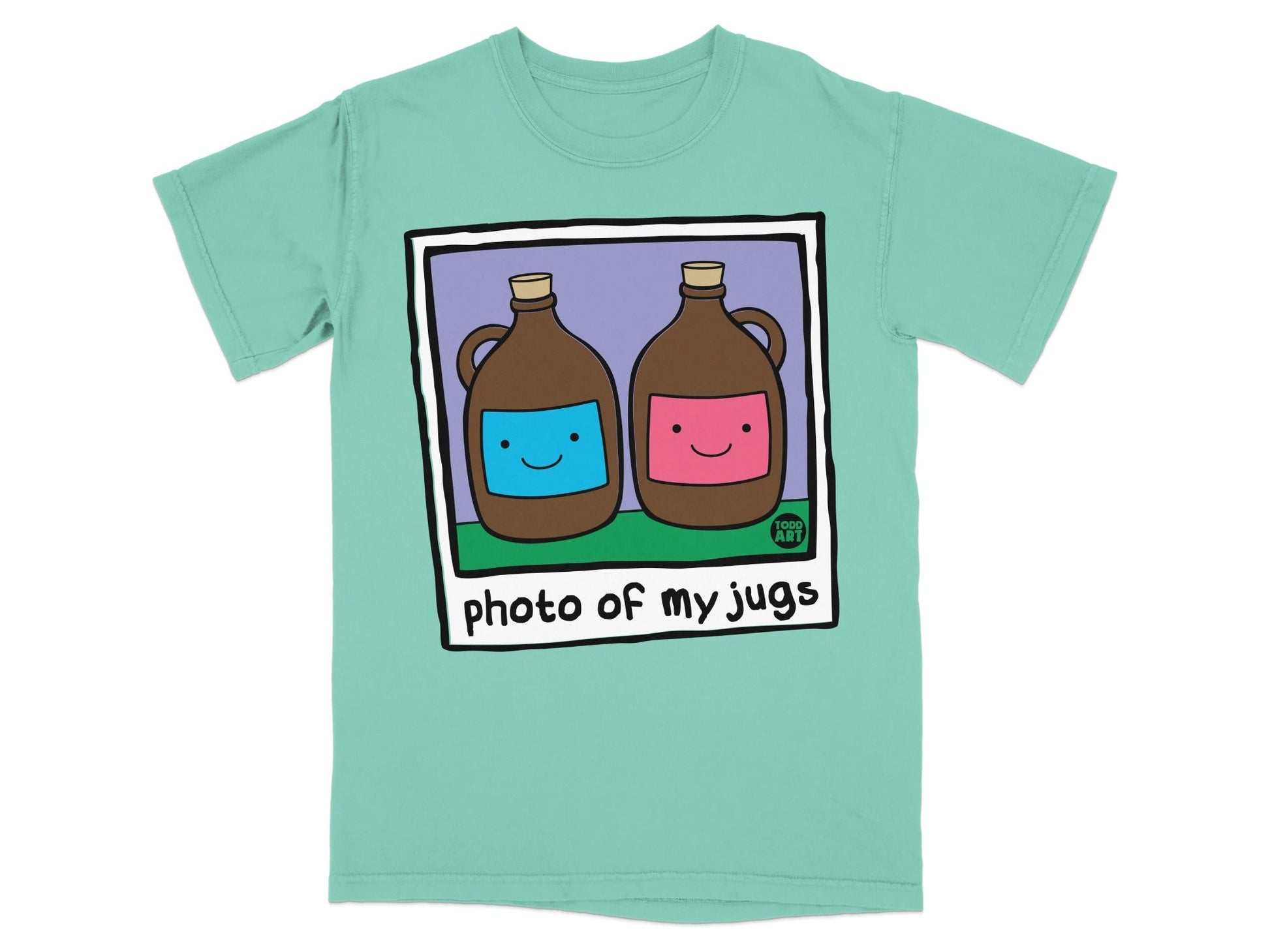 Teal t-shirt with cartoon jugs, one blue, one pink, labeled "photo of my jugs".