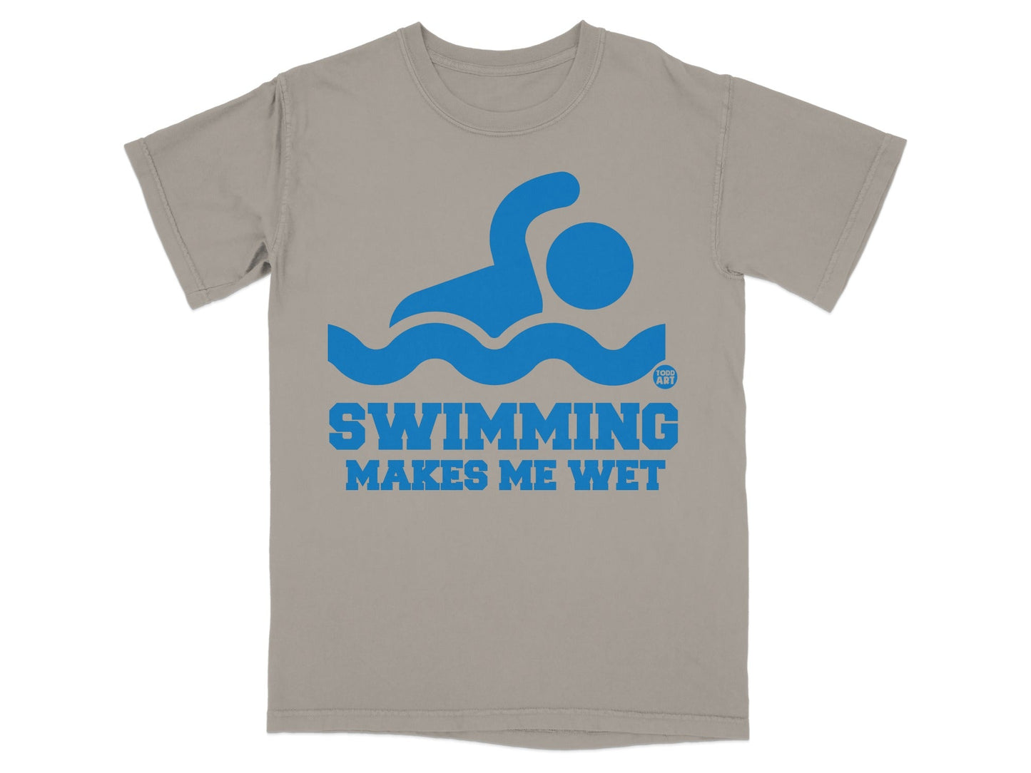 Gray t-shirt with blue graphic of a swimmer and text "SWIMMING MAKES ME WET".