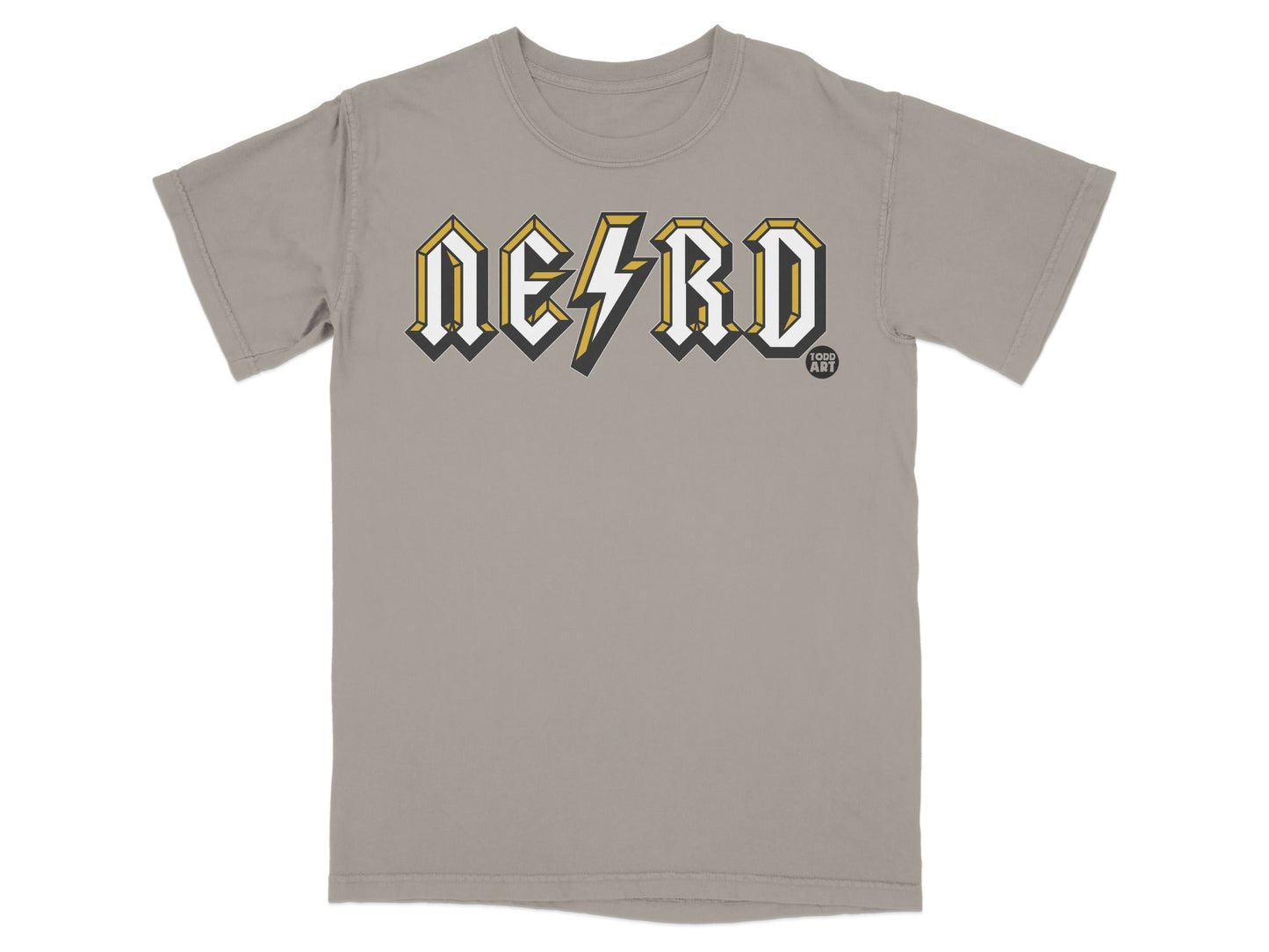 Gray t-shirt with bold yellow and white "NERD" text and a small "GOOD ART" logo.