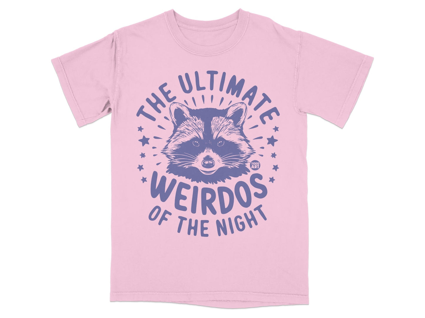 Pink t-shirt with raccoon graphic and text "The Ultimate Weirdos of the Night".