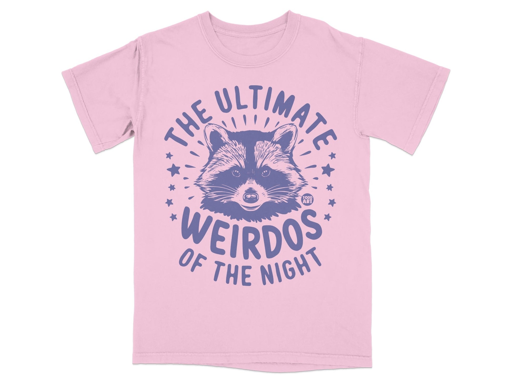 Pink t-shirt with raccoon graphic and text "The Ultimate Weirdos of the Night".