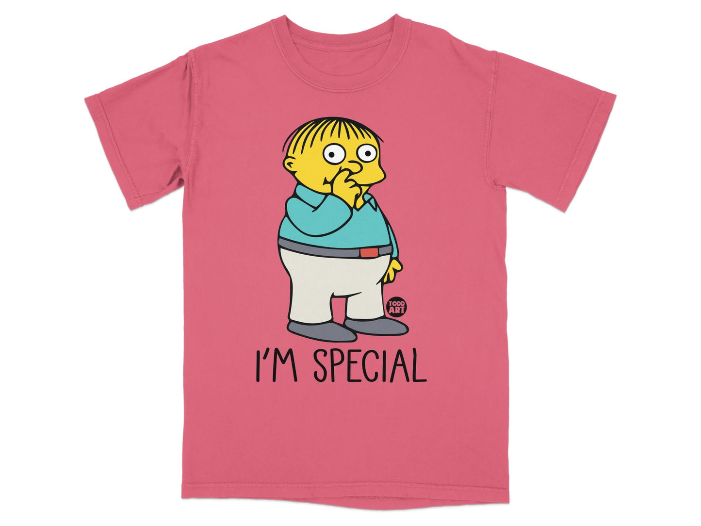 Ralph Wiggum t-shirt with "I'M SPECIAL" text and "TODD ART" logo.