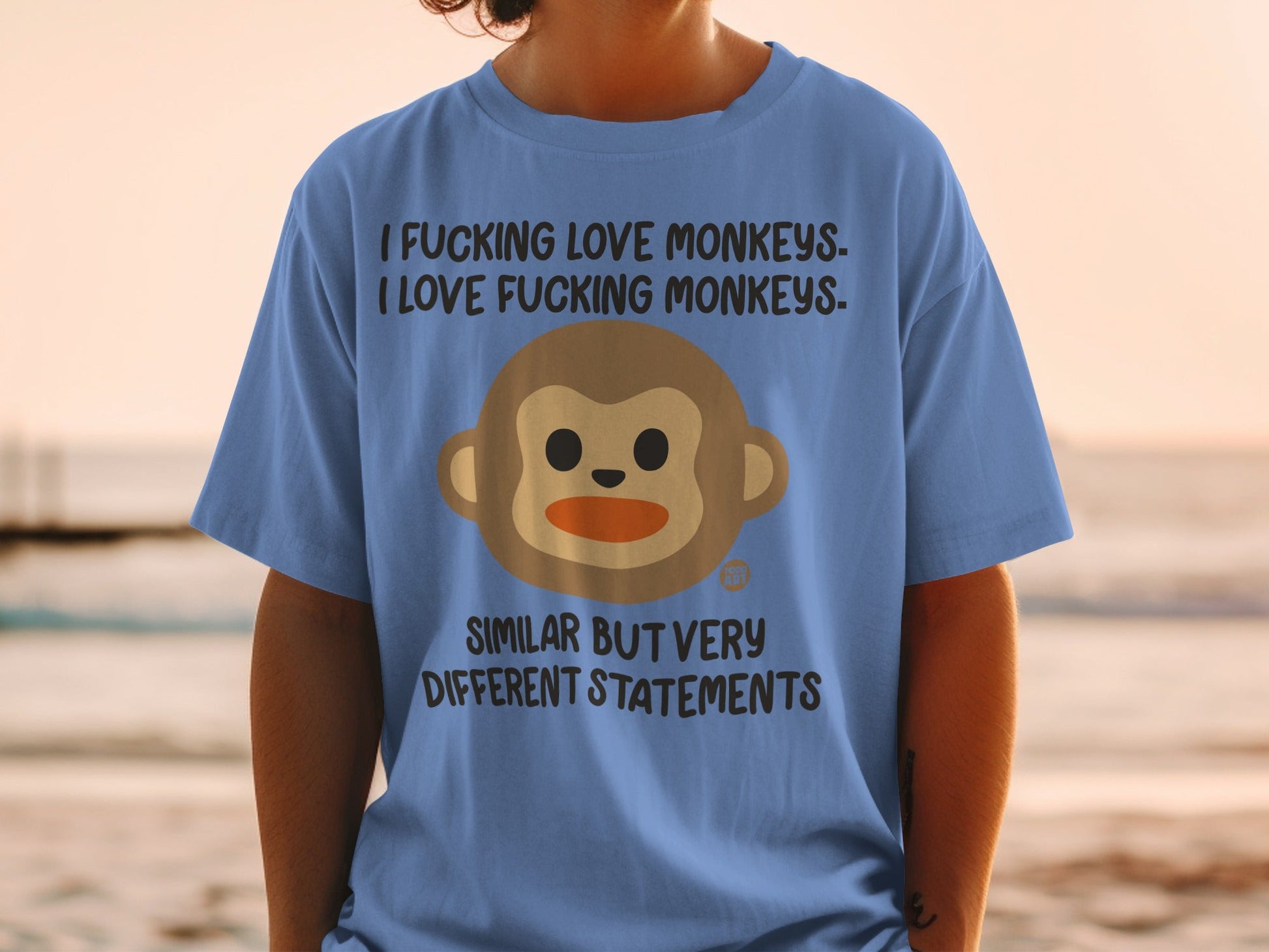 Blue t-shirt with monkey graphic and text: "I FUCKING LOVE MONKEYS."