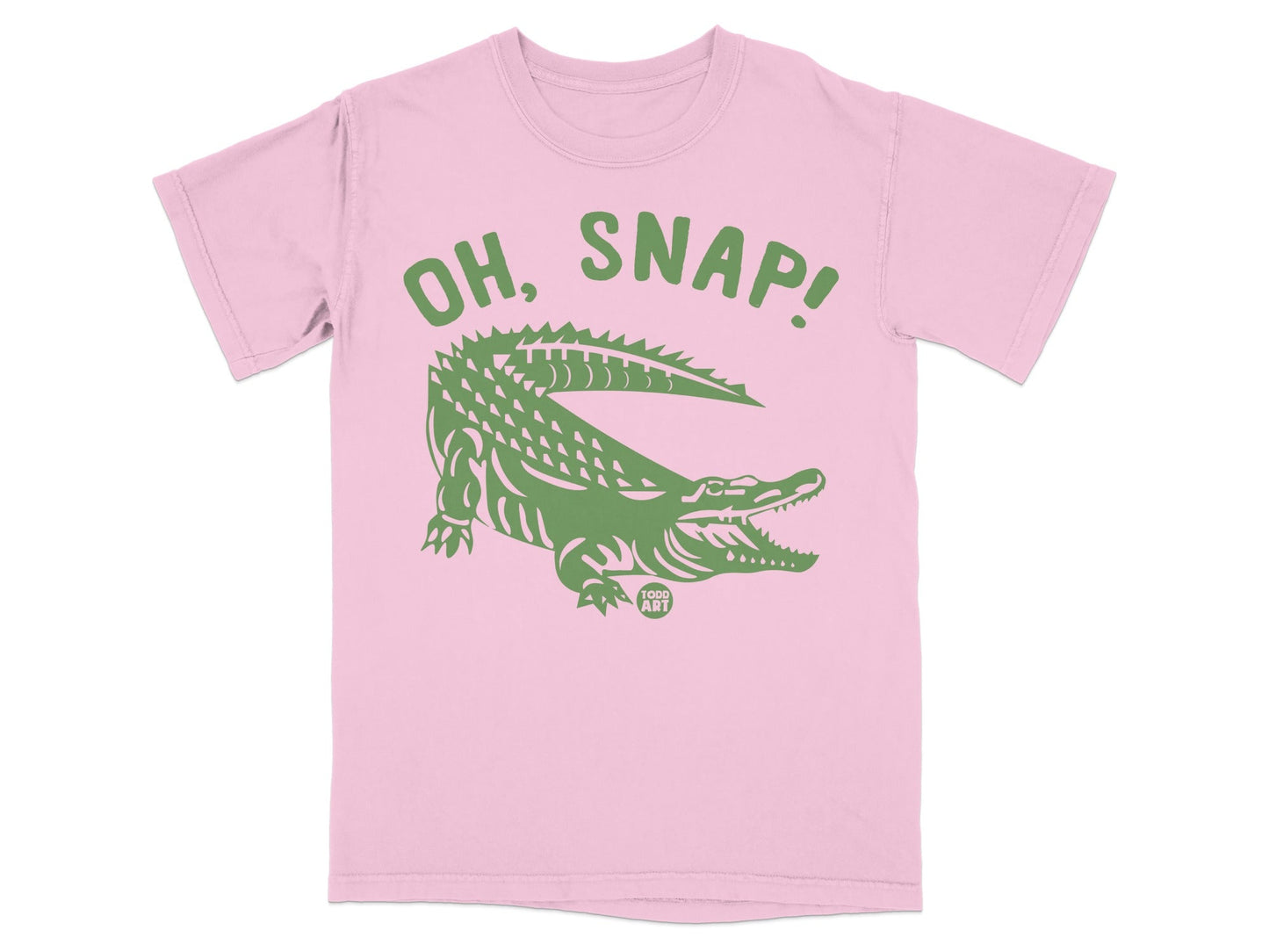 Pink t-shirt with green alligator and "OH, SNAP!" text.