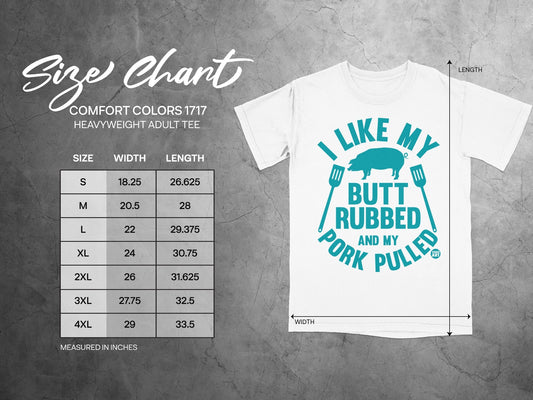 Size chart for Comfort Colors 1717 heavyweight adult tee with measurements.