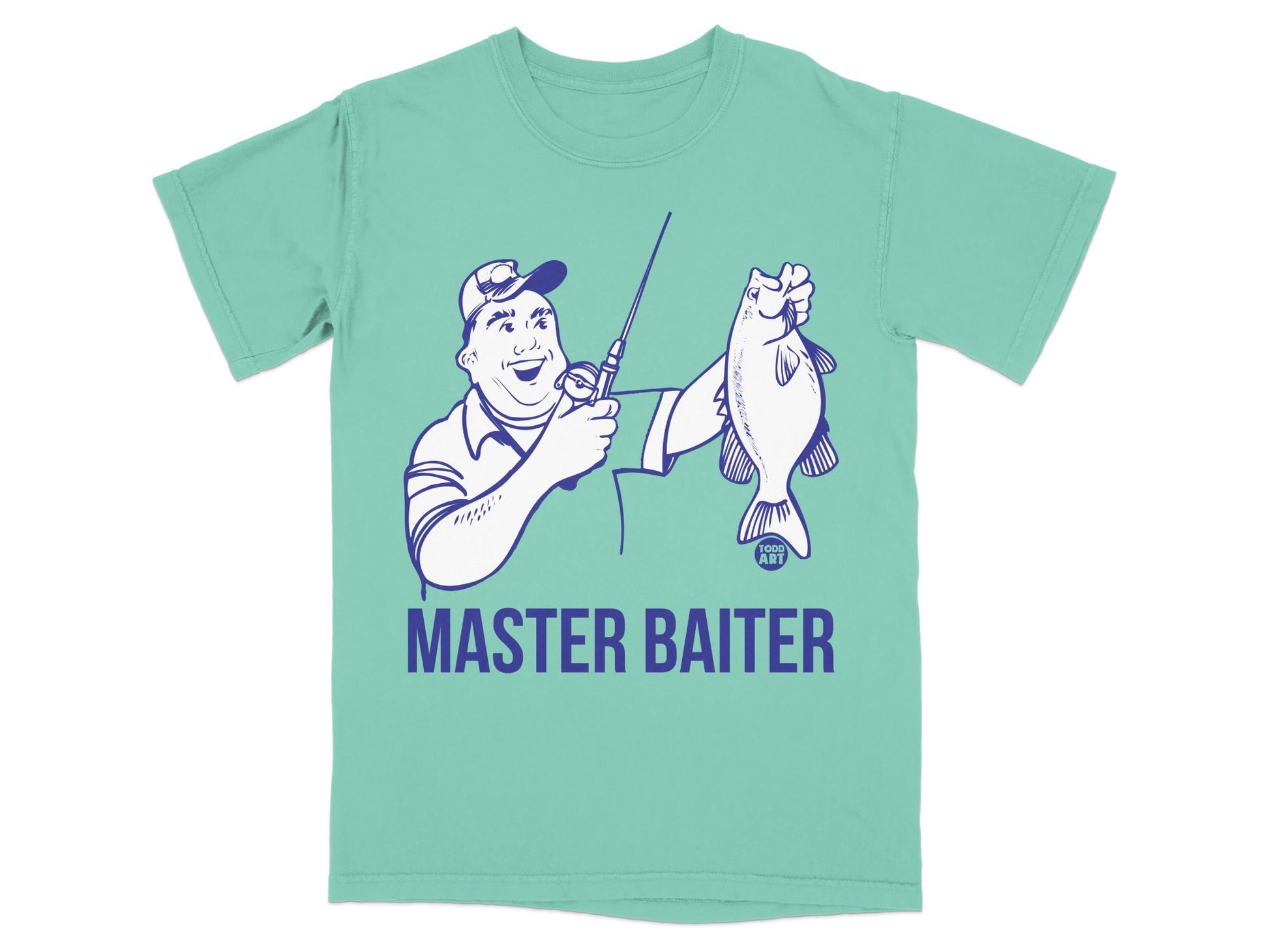 Man in t-shirt holding a fish, text "MASTER BAITER".