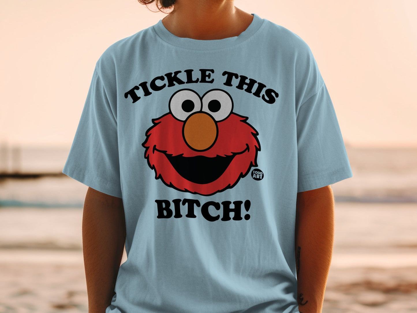 Light blue t-shirt with Elmo's face and "Tickle This Bitch!" text.