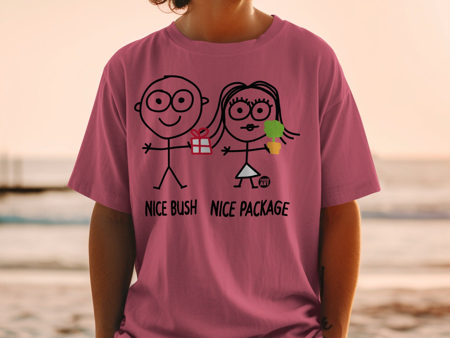 T-shirt with stick figures giving a gift and holding an ice cream, text "NICE BUSH NICE PACKAGE".