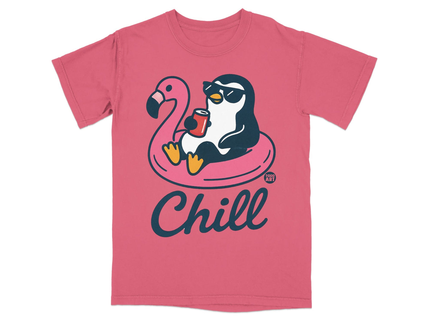Penguin in sunglasses floats on flamingo float holding a drink, "Chill" text.